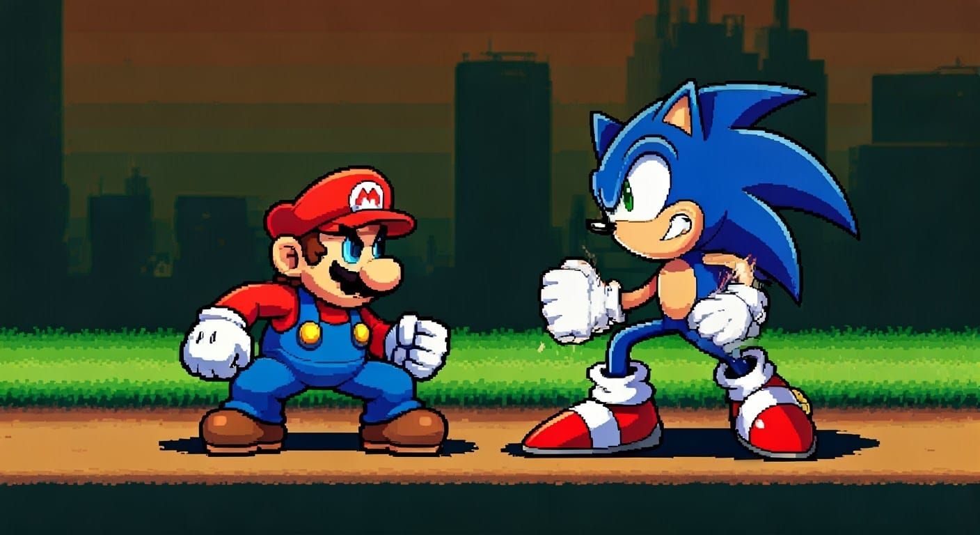 8-Bit Arcade Heroes Clash in Pixel Art Fight Scene