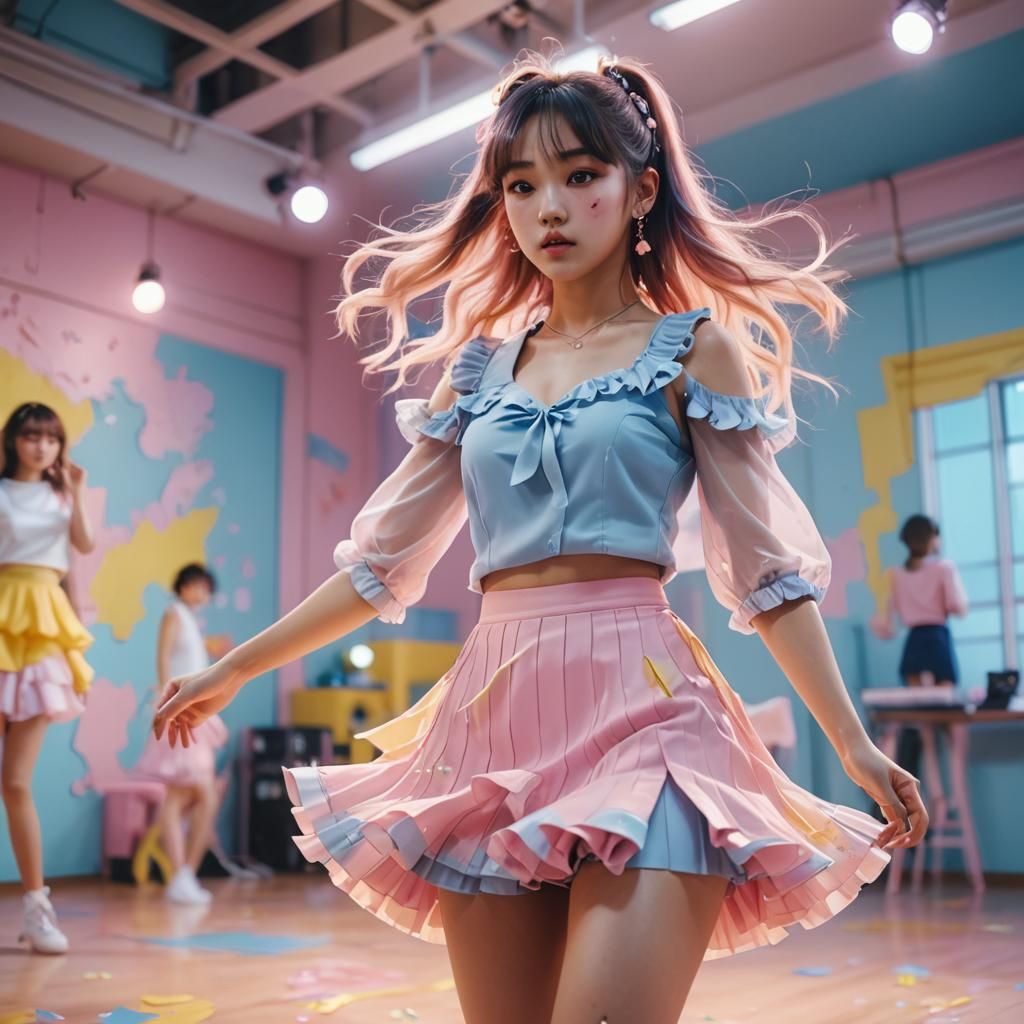 Pastel Dream K-Pop Idol Shines in Vibrant Dance Studio Scene