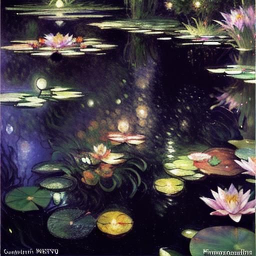 Luminous Lily Pond in Vibrant Nighttime Splendor
