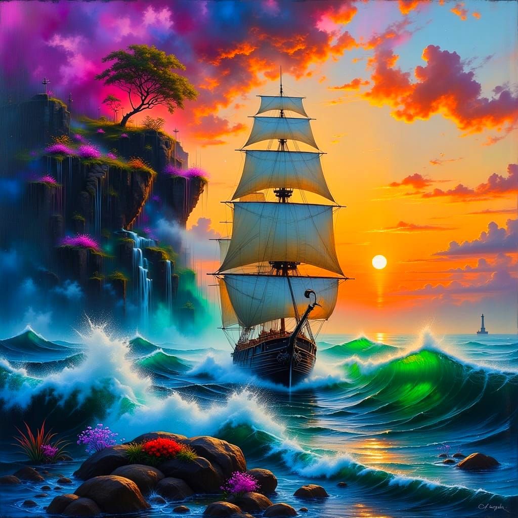 Majestic Ship Emerges from Mist in Dystopian Sunset Scene