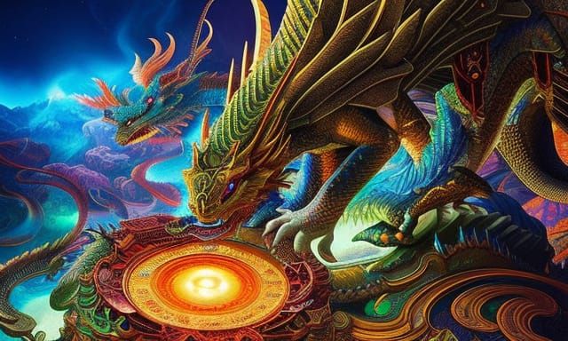Astral Dragon Temple: Holographic Cosmic Illustration
