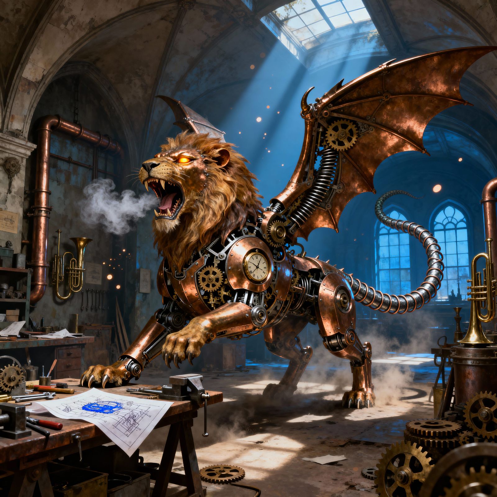 Mechanical Chimera in Victorian Workshop, Steampunk Fantasy ...