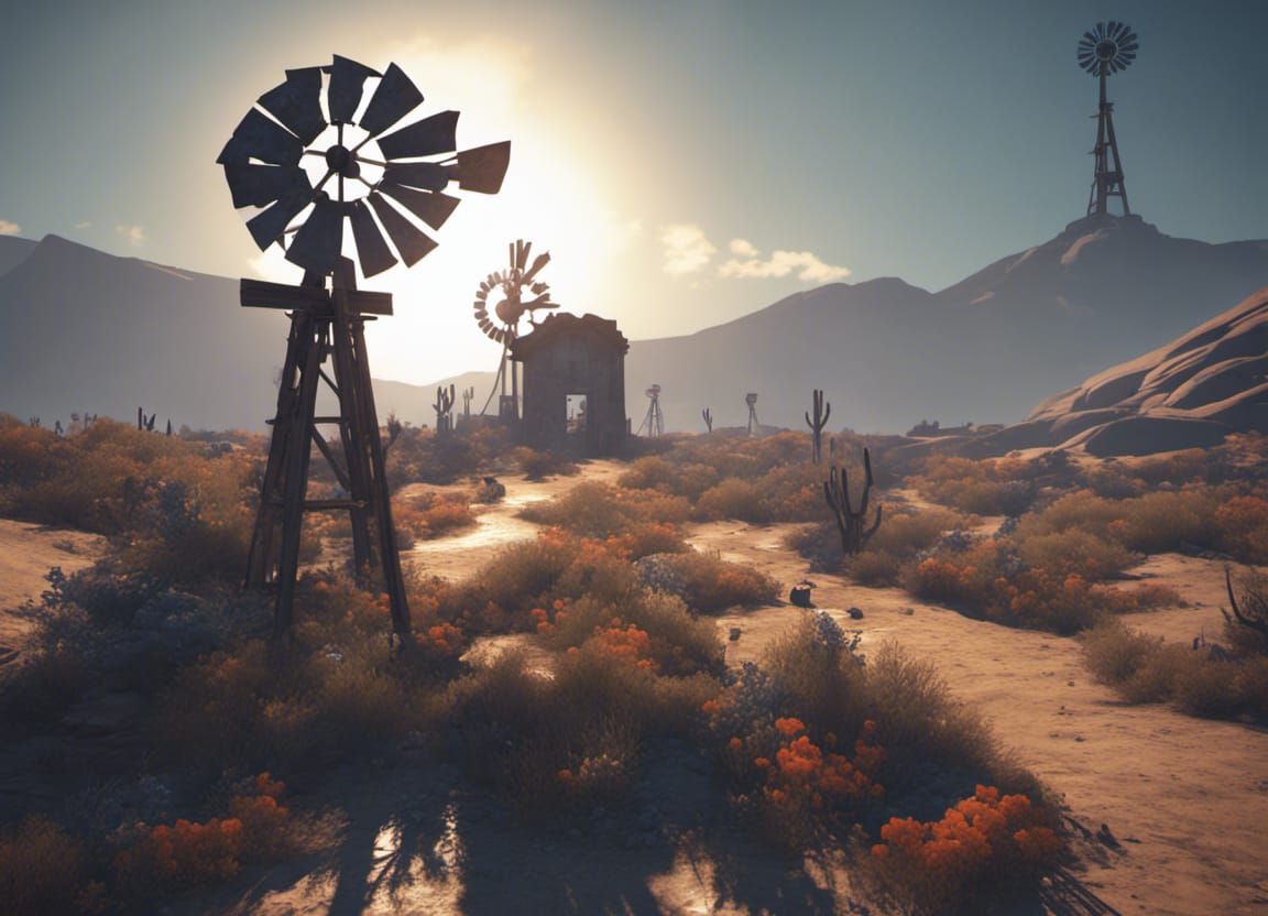Surreal Dia de los Muertos Windmill in a Desert Wasteland