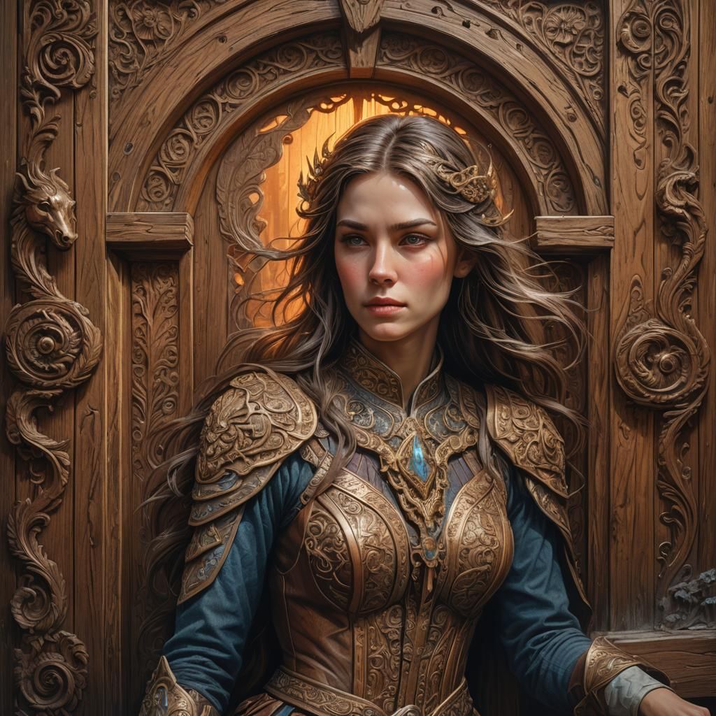 Intricately Carved Wooden Door Portrait of a Woman Riding a....