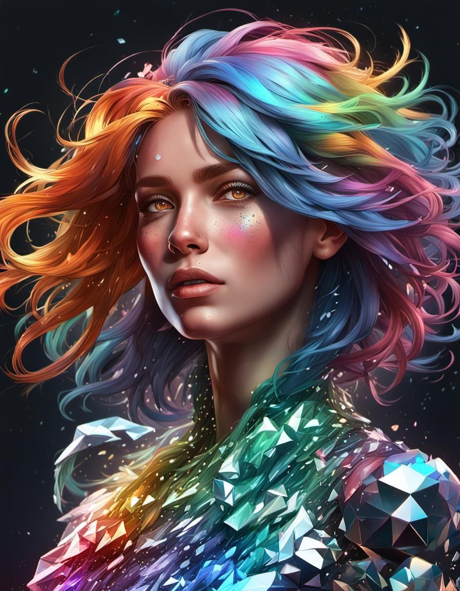 Surreal Portrait of a Diamond-Skinned Woman in Vibrant Color...