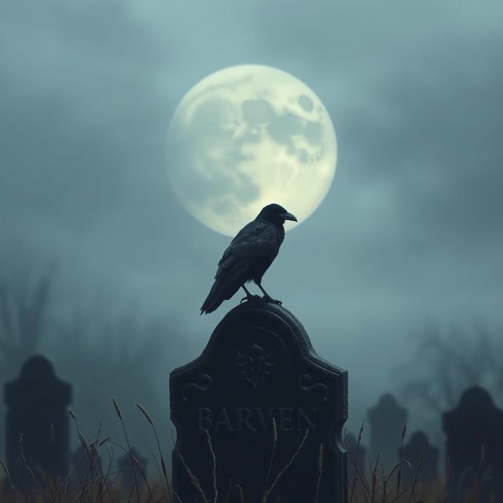 Eldritch Raven Perched on Weathered Gravestone