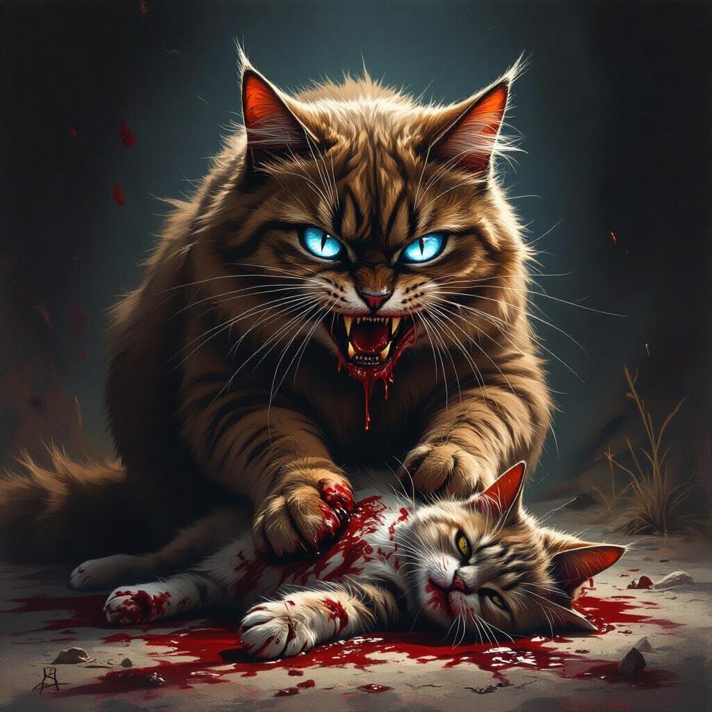 Fierce Cat with Bloodied Maw and Icy Eyes