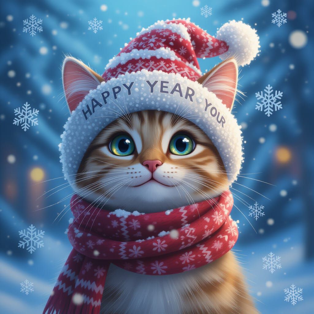 Cute Cat in Funny Hat with Snowflakes