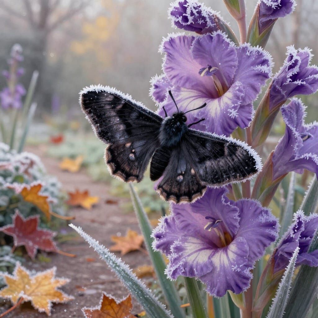 Whimsical Fantasy Moth on Frosty Gladiolus