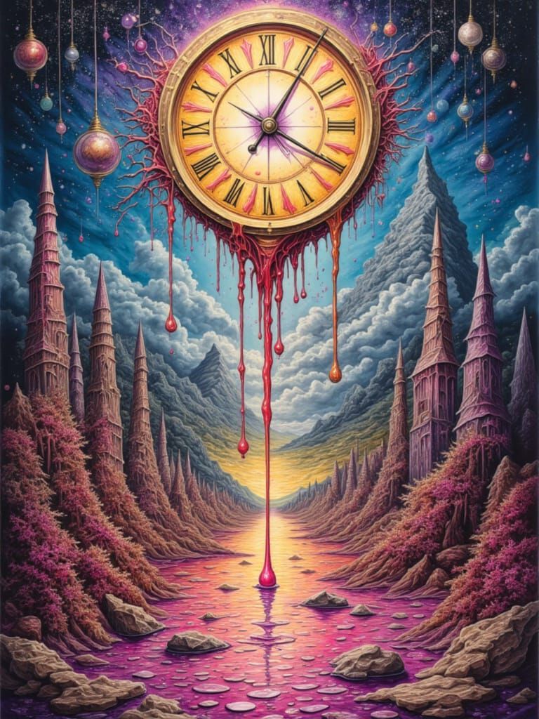 Surreal Melting Clock Landscape in Dalí Magritte Style