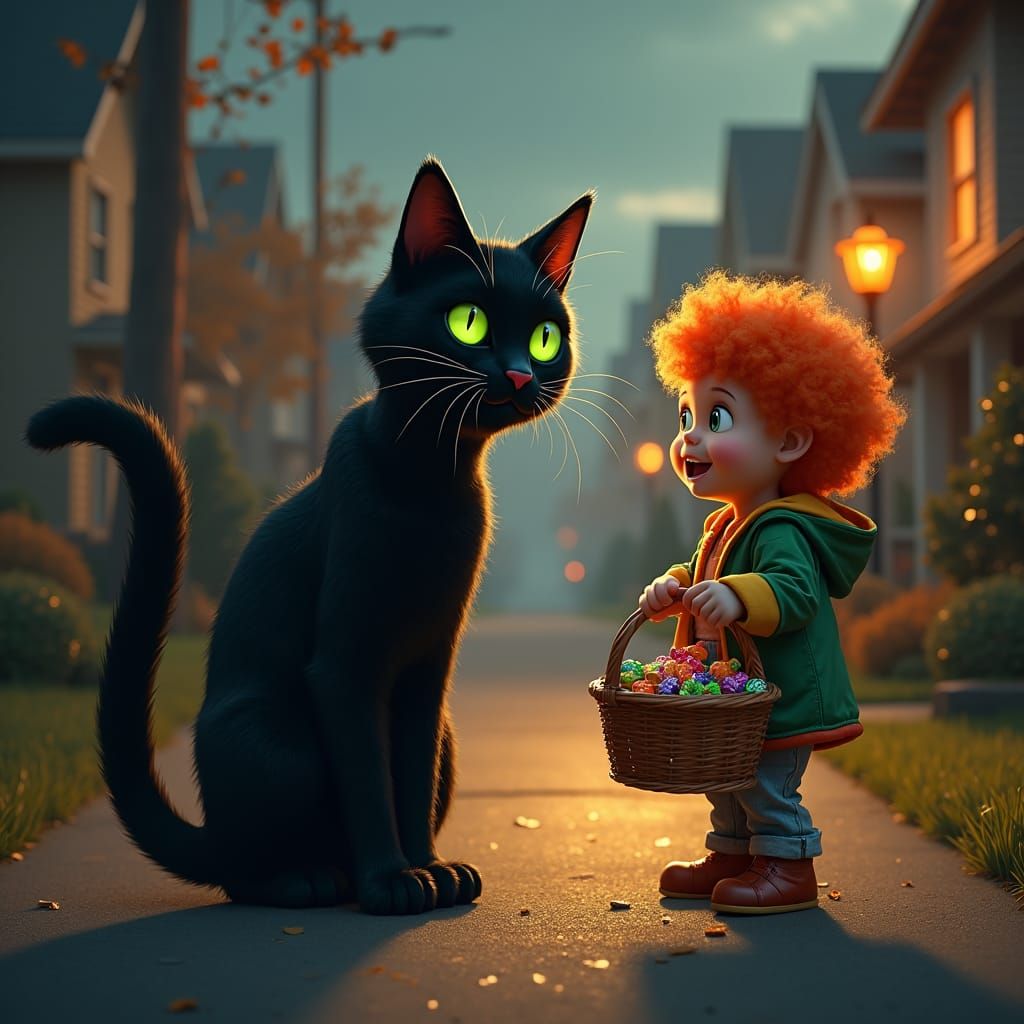 Hyperrealistic Black Cat Confronts a Trick-or-Treater in Fut...