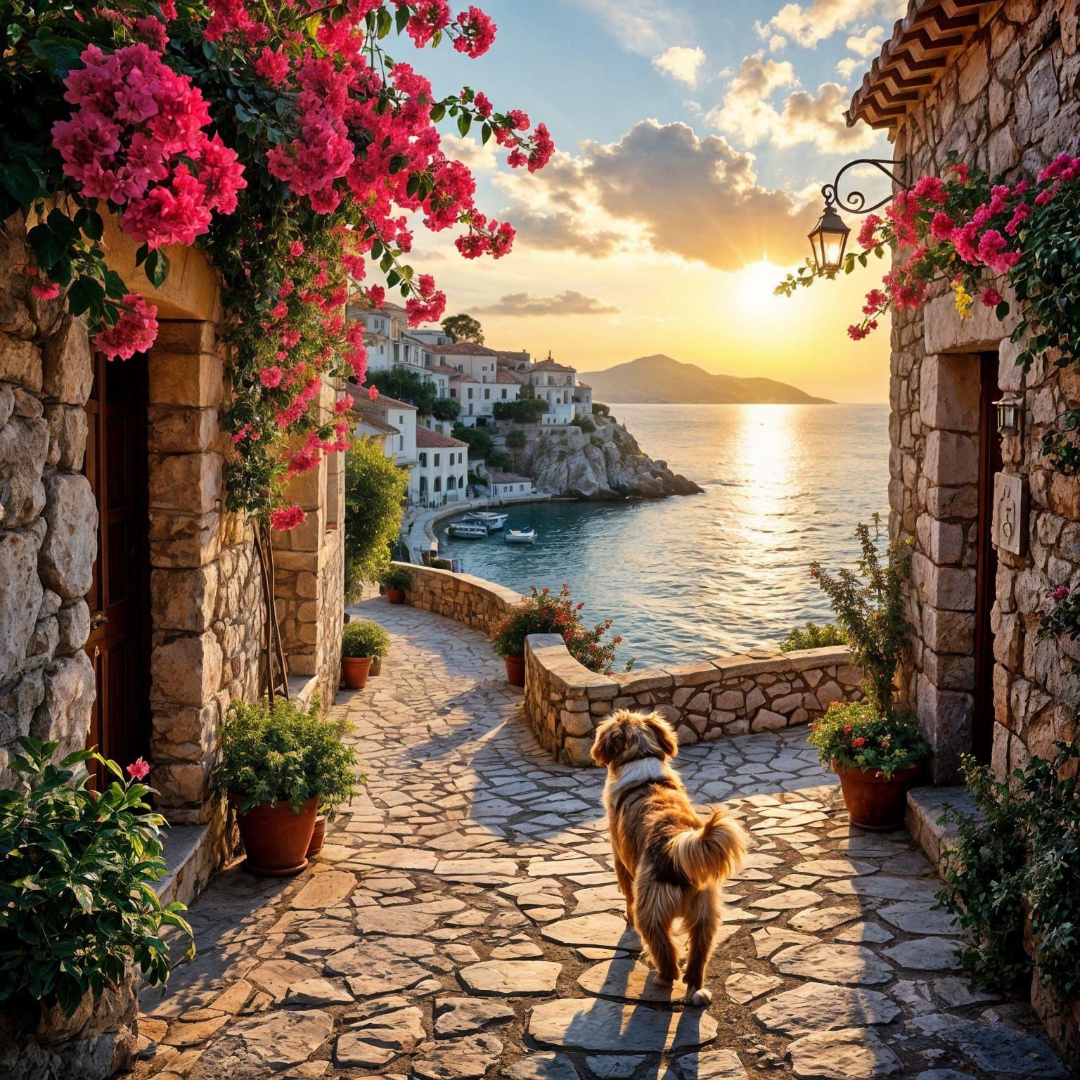 Hyperrealistic Mediterranean Village Pathway to Harbor