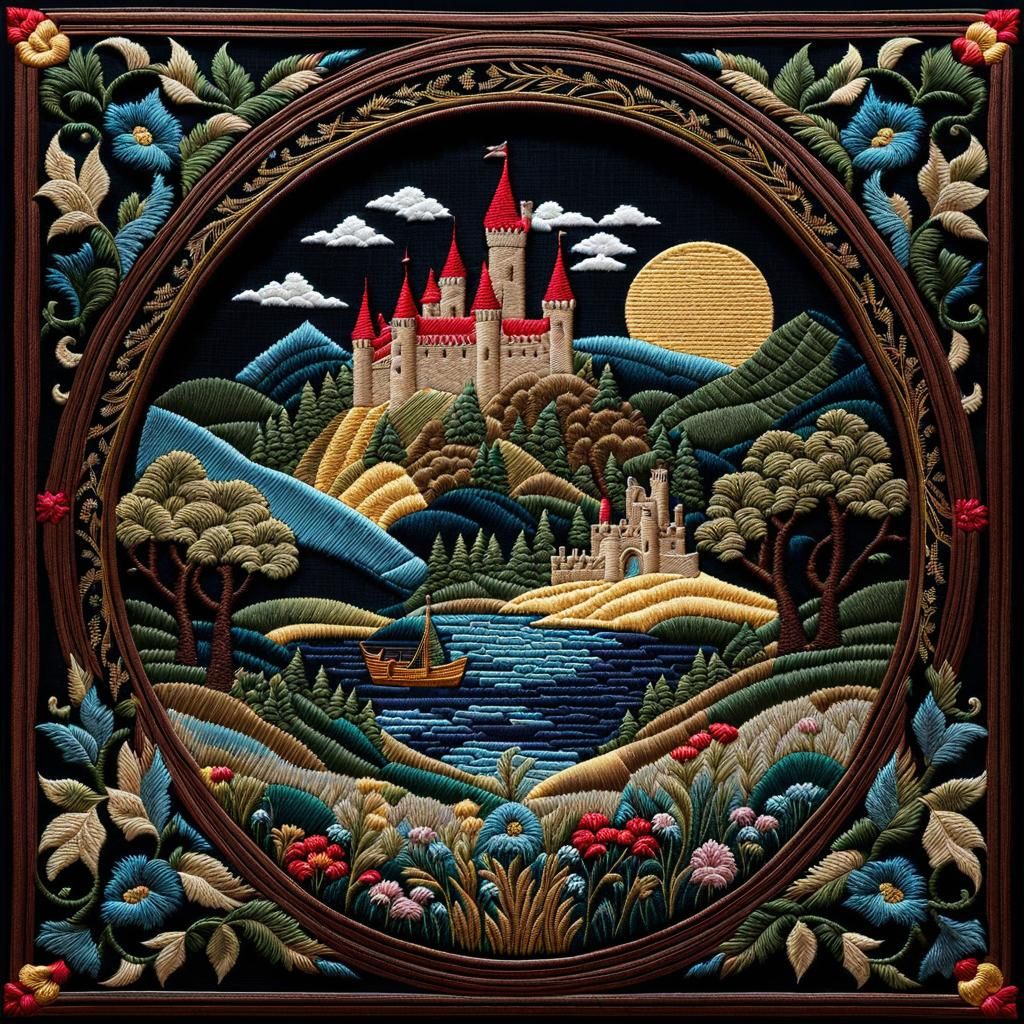 Medieval Fantasy Tapestry in Embroidery Style