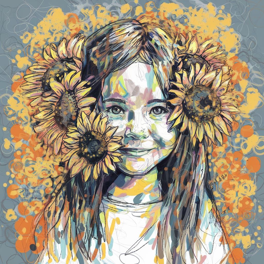 Girl with Sunflower Face Sketch in Abstract Art Style
