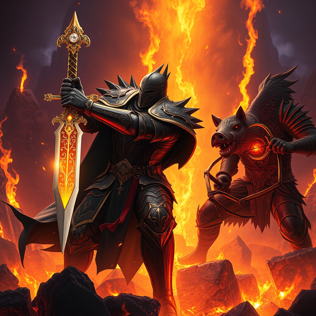 Dark Fantasy Knight Battles Boar-Like Fiend in Fiery Inferno