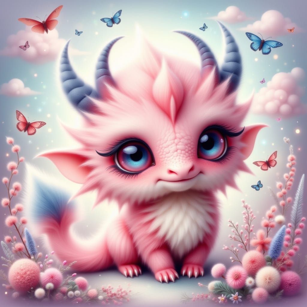 Cute Fluffy Dragon in Dreamy Pastel Landscape