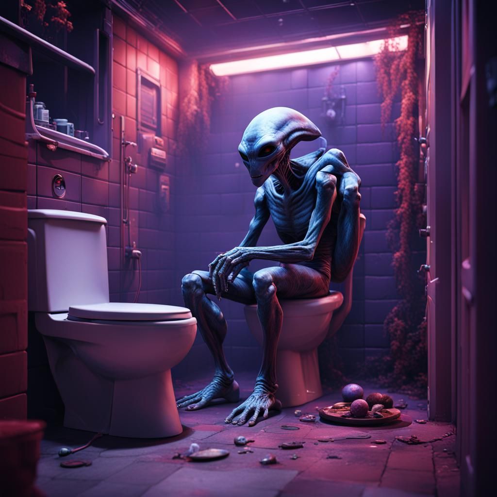 Alien in Club Bathroom: Fantastical Scene in Matte Painting...