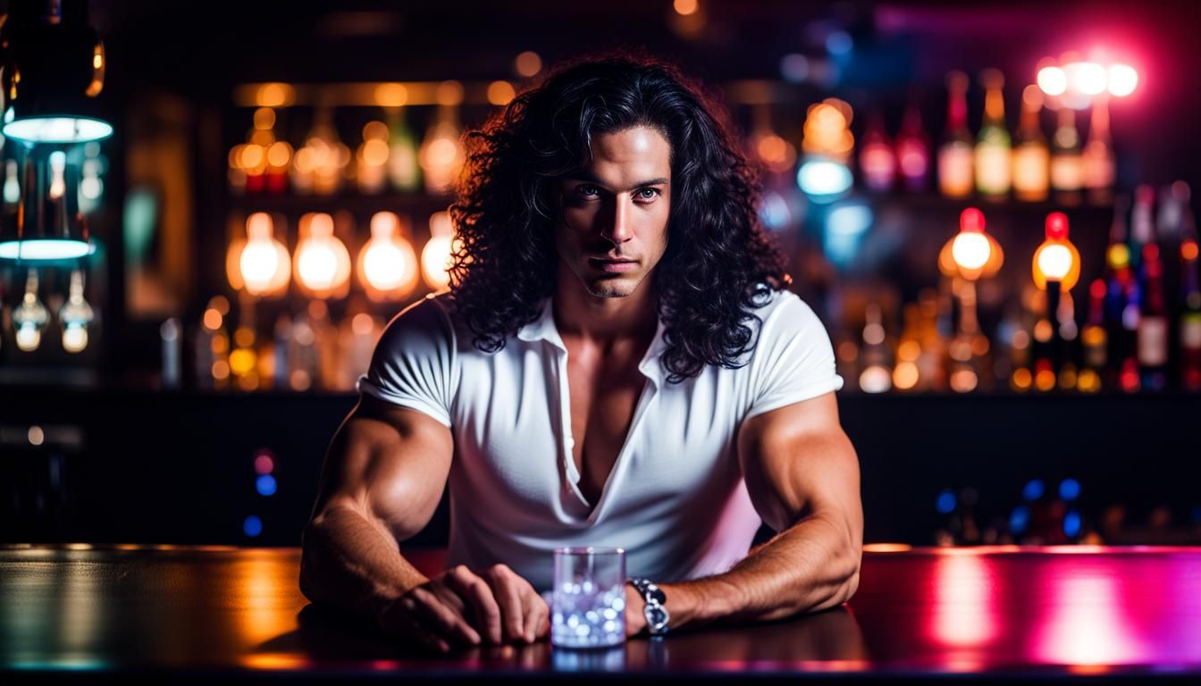 A muscular man with long curly black hair sitting at the bar