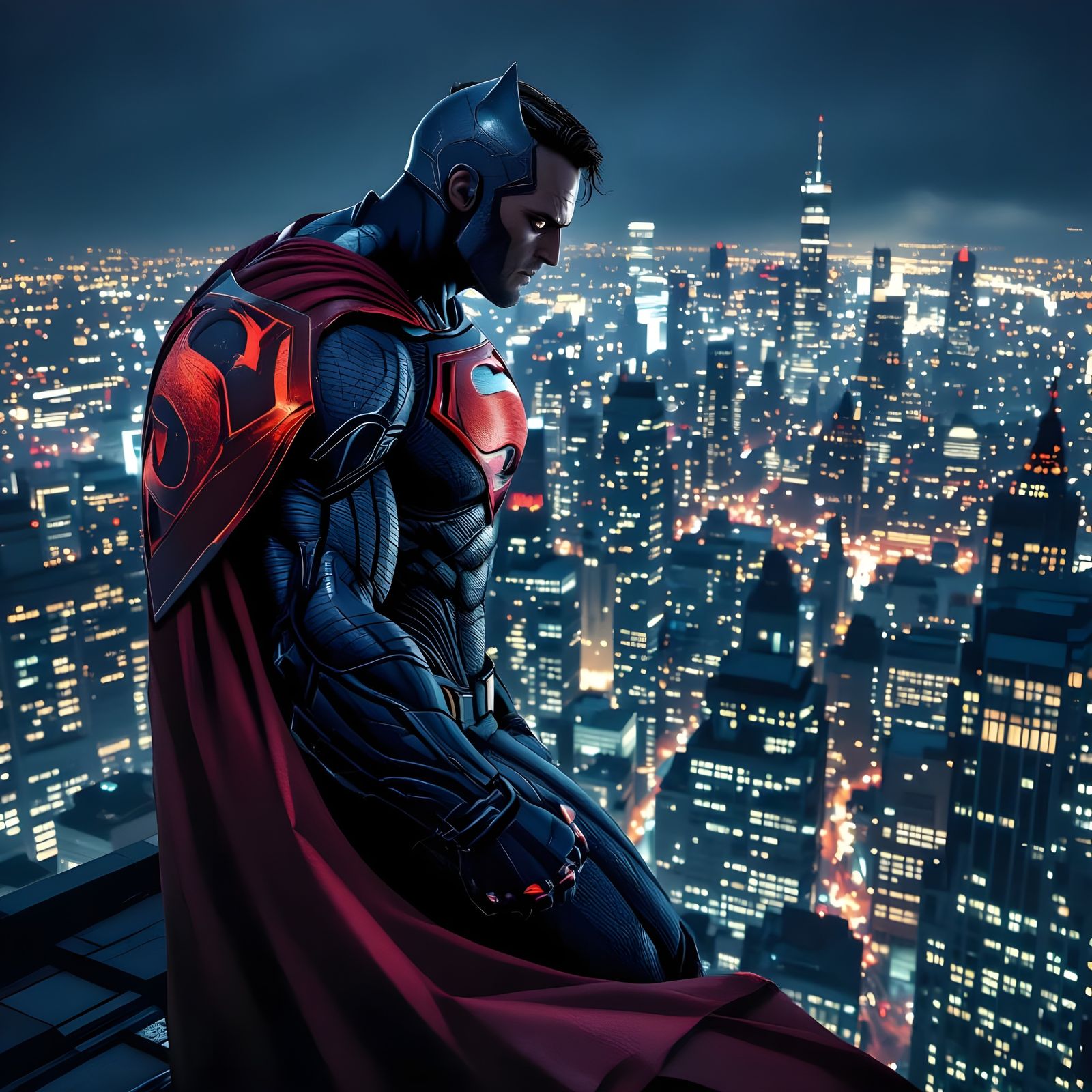 Superhero Overlooking Cityscape at Night
