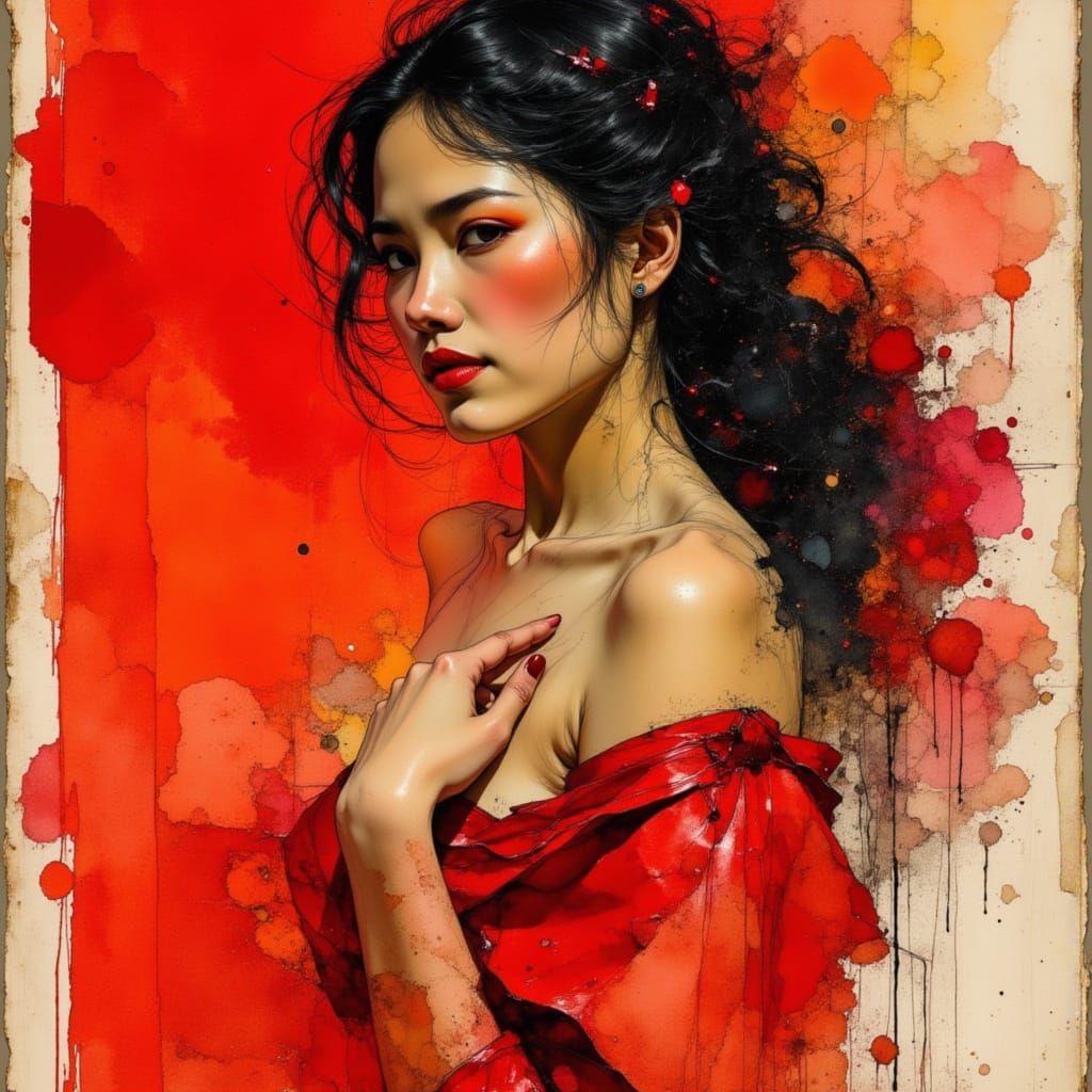 Scarlet Princess: Elegant Oil Painting with Dry Brush