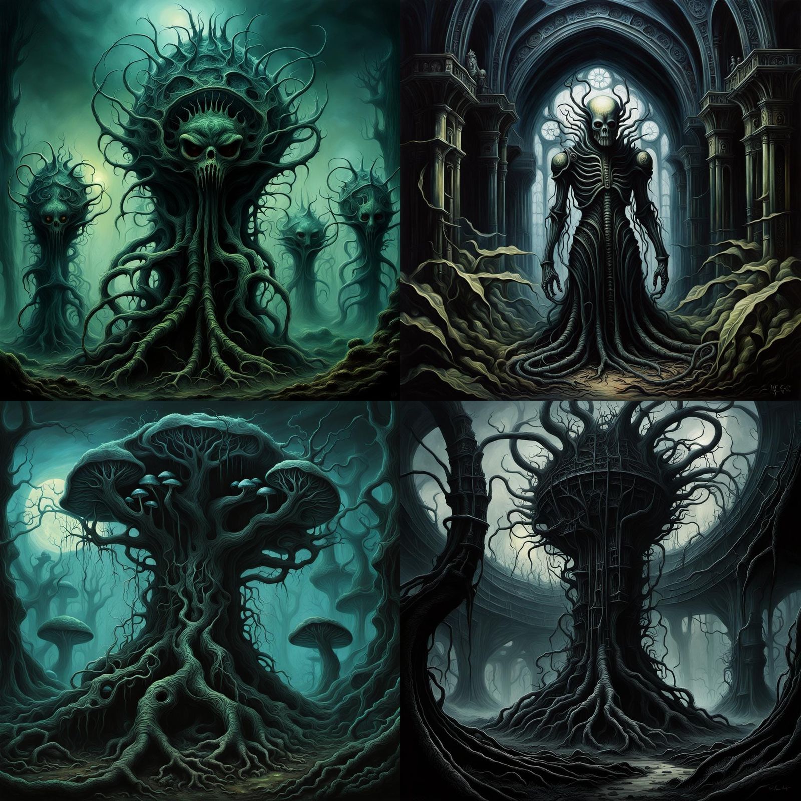 Dark Surrealistic Landscape with Twisted Plants in a Hauntin...