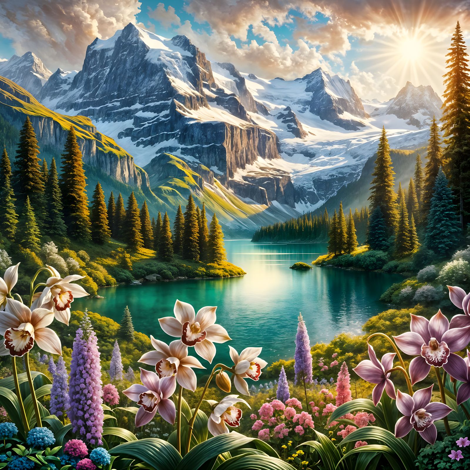 Swiss Alps Lake with Orchids in Romantic Painting Style