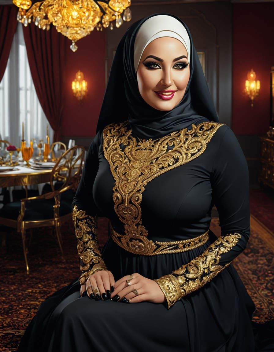 Elegant Gothic Hijabi Woman in Gold Black Maxi Dress