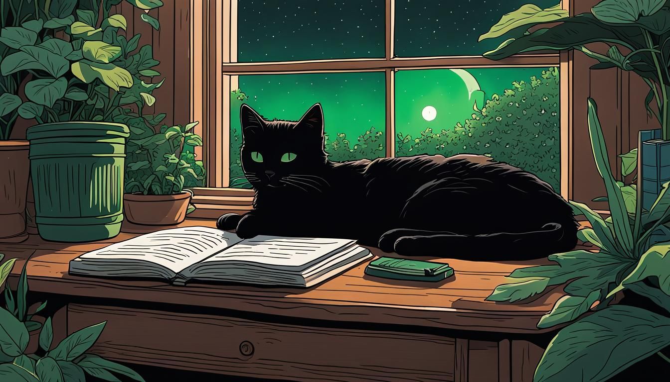 A Small Black Cat Sleeps Amidst a Whimsical Indoor Scene