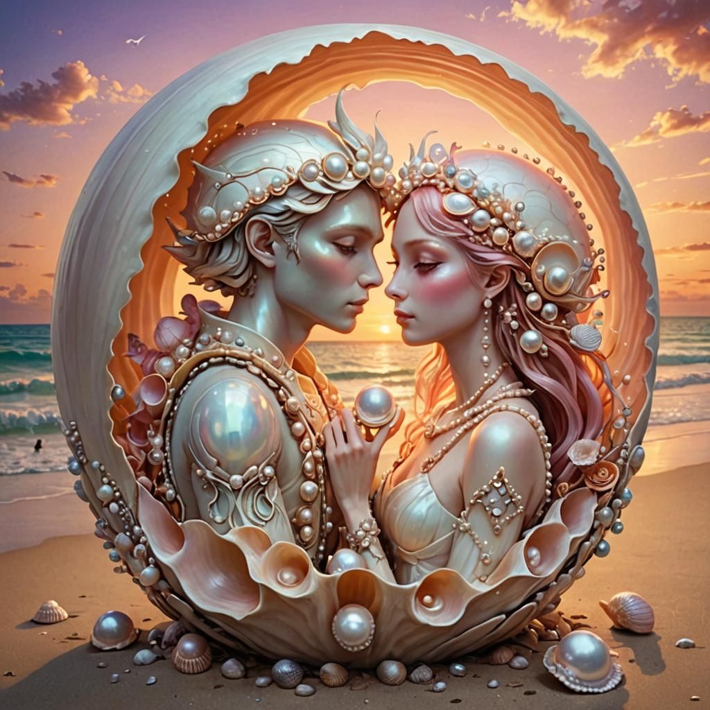 Ethereal Fairy Couple Basks in Sunset Harmony within a Shell