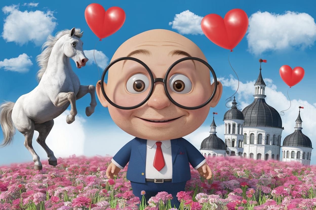 Colorful Cartoon of a Bald Man with a Horse and Balloons