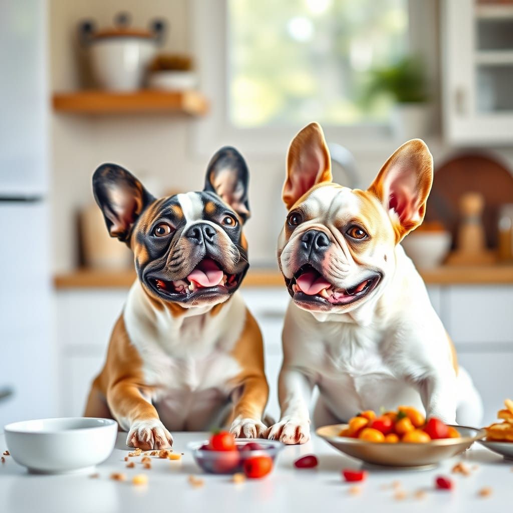 French Bulldogs Play in Kitchen, Watercolor Painting