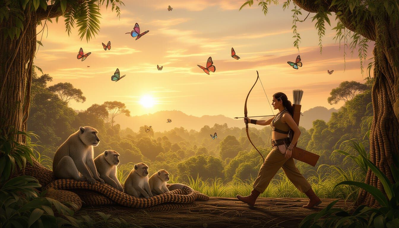 Idyllic Jungle Sunset with Wildlife and Hunter