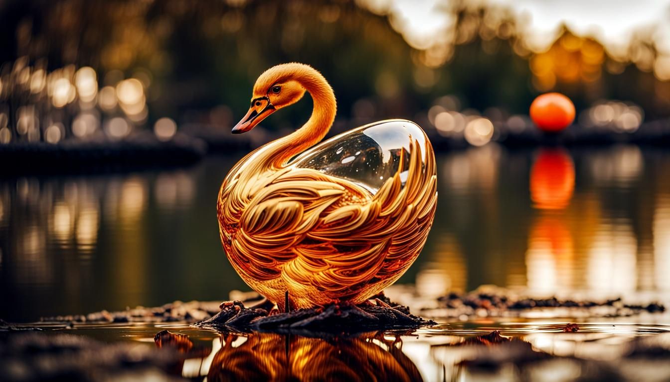 Steampunk Golden Swan in Whimsical River Scene