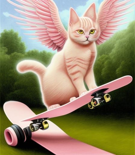 Winged Angel Cat Soars on Pink Skateboard