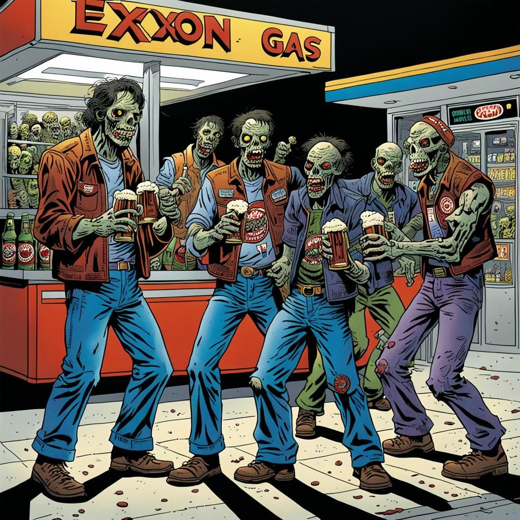 Zombies Enjoy Beer at a Futuristic Gas Station in Comic Book...