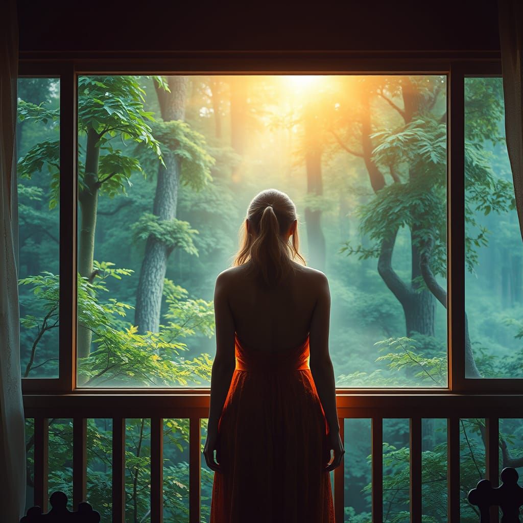 Woman Gazing at Mystical Forest Landscape