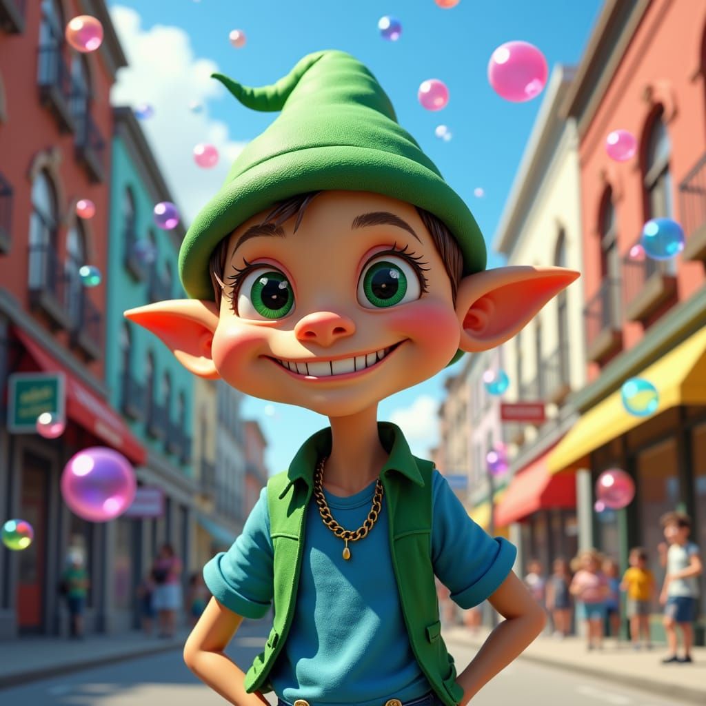 Whimsical Elf in Vibrant Cityscape - 3D Pop Art
