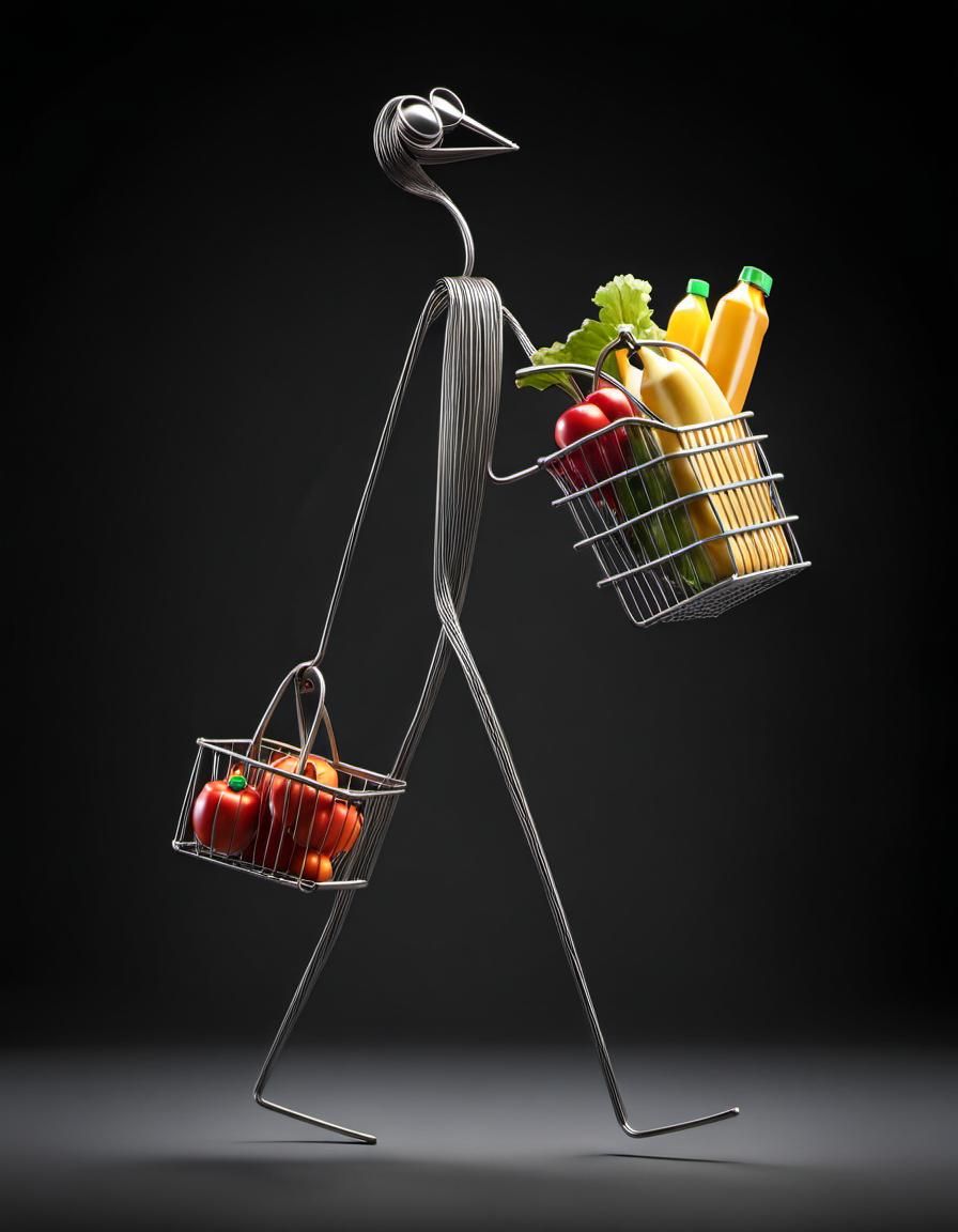 Whimsical Stick Man Grocery Shopper in 3D Metal Art