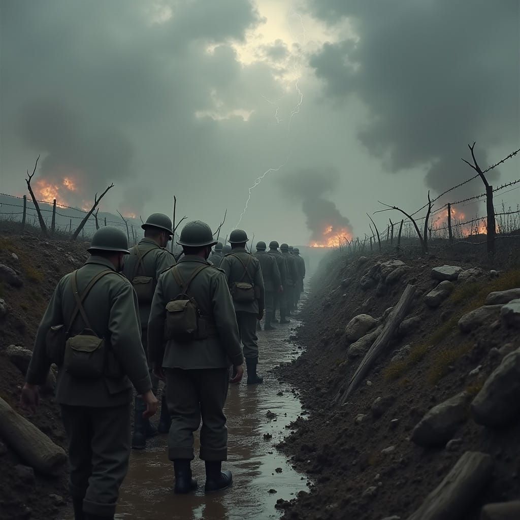 Historic Trench Warfare Scene in Earthy Tones
