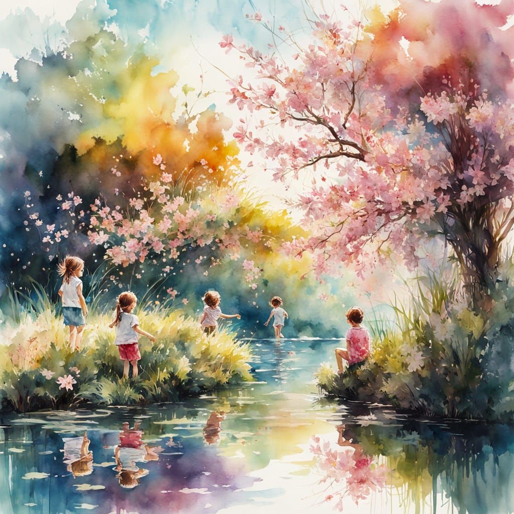 Whimsical Watercolor Scene of Children Playing in a Pond