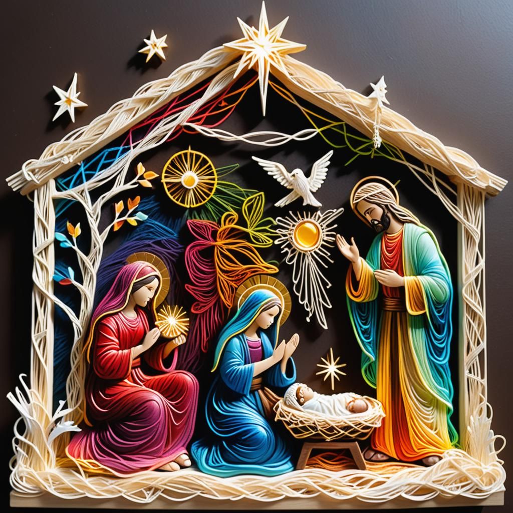 Nativity Scene in Vibrant String Art Style