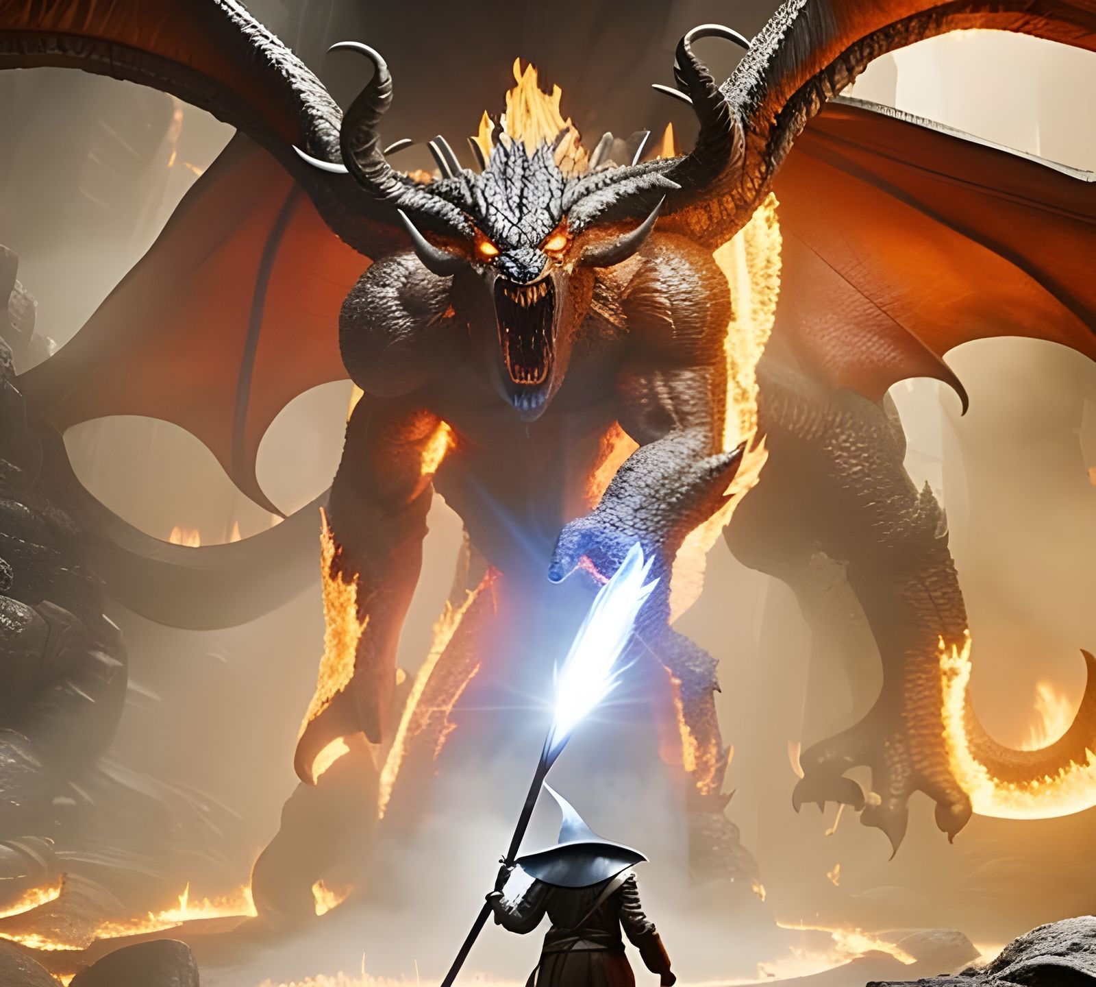 Gandalf Confronts the Balrog in Epic Dark Fantasy Scene