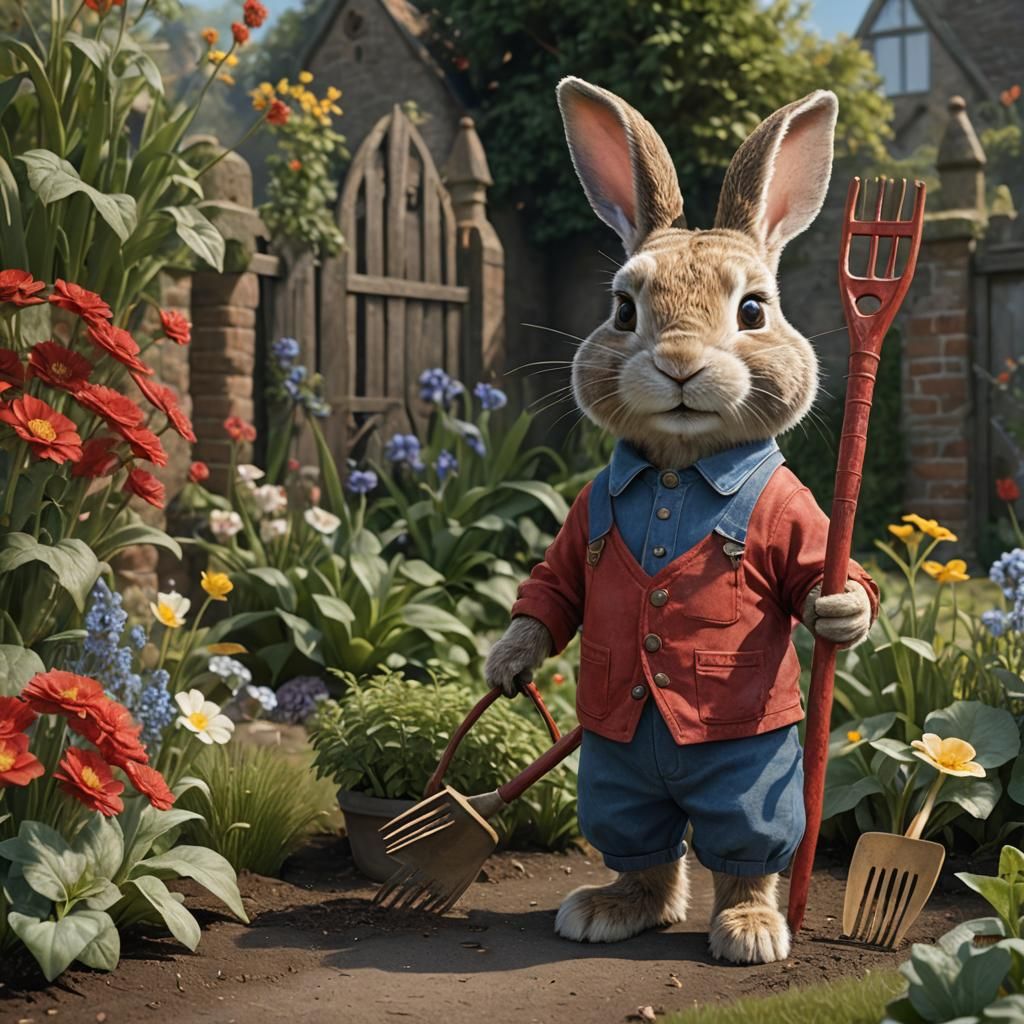 Whimsical Portrait of Young Rabbit Gardener in Foxglove Abbe...