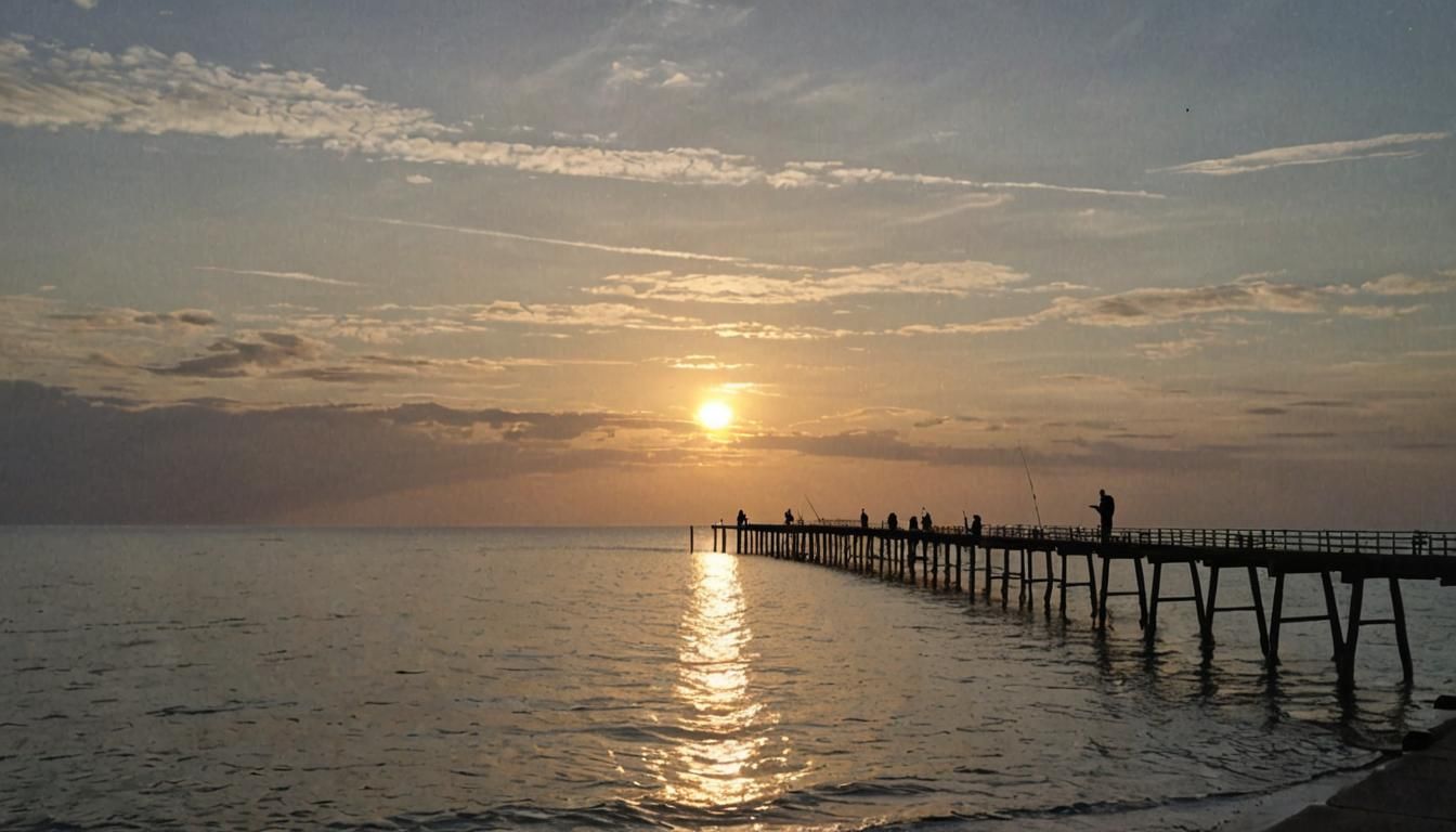 Lonely Fisherman on Sunset Pier
