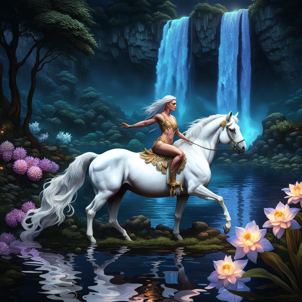 A beautiful she centaur with her lower body of a white majestic horse sitting along the shore of a lagoon and a gleaming...