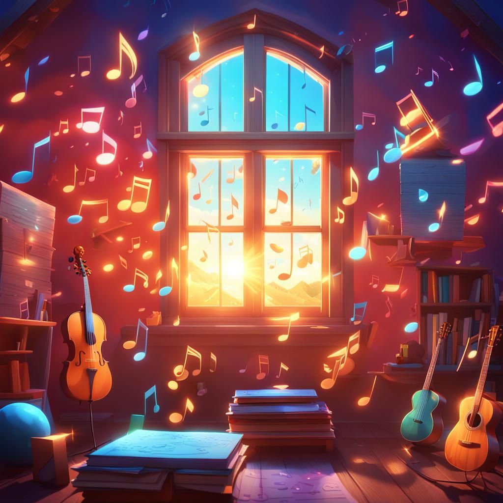 Surreal Music Notes Escape from a Radiant Window in Vibrant....