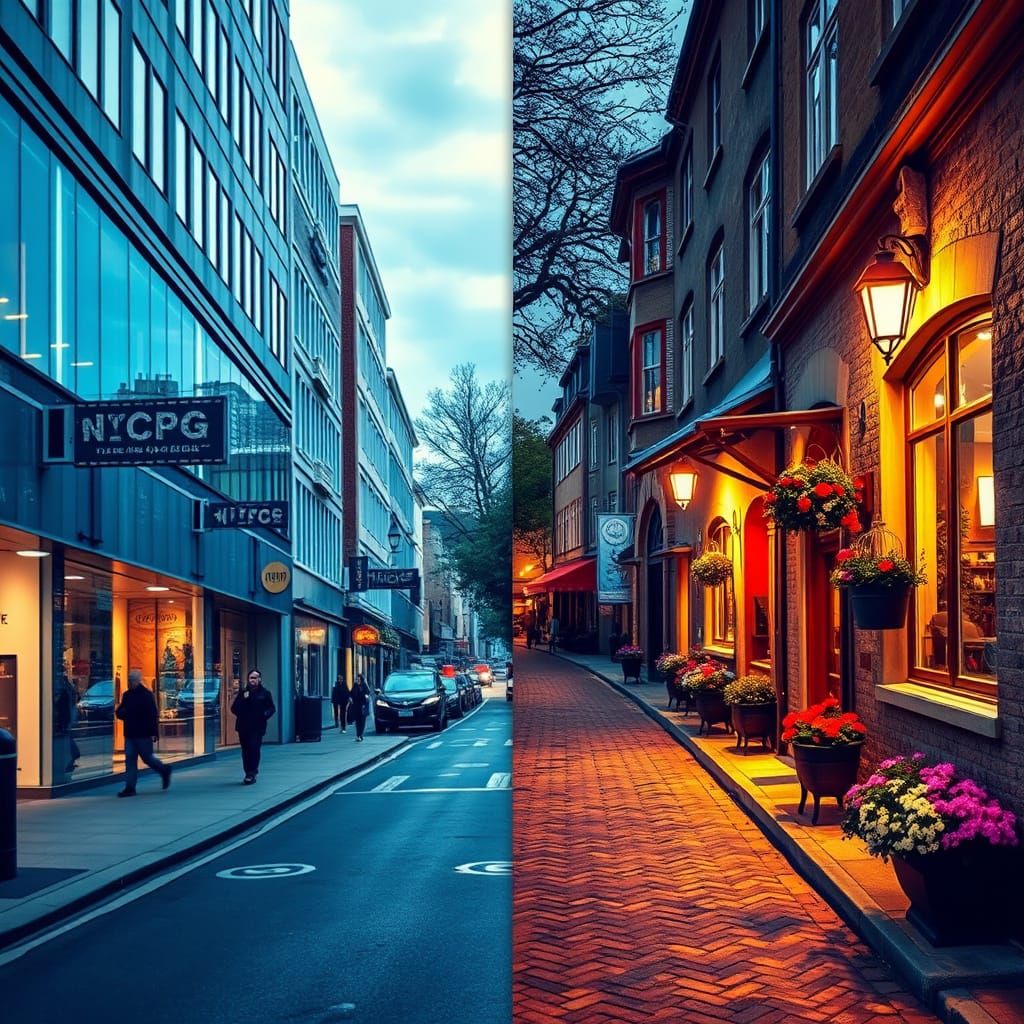 Bustling City Meets Charming Village in Split Image