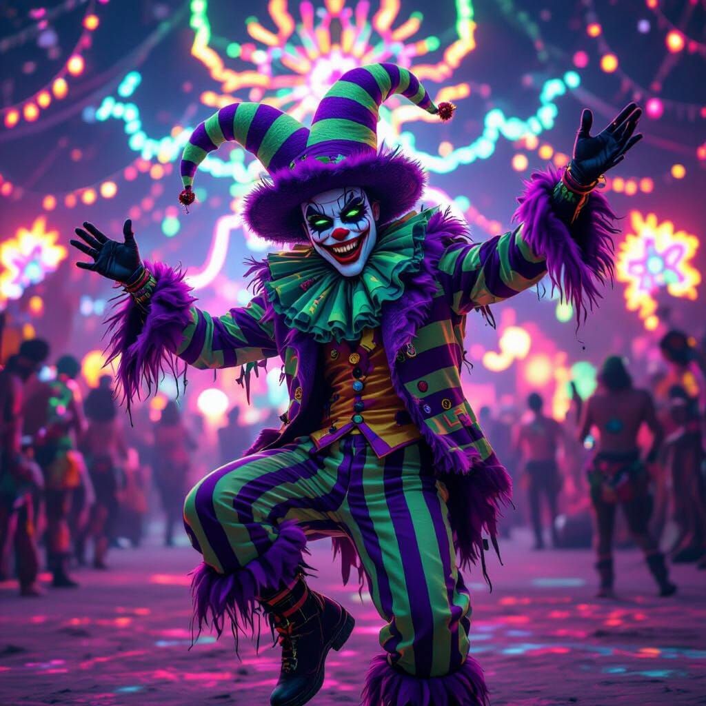 Neon Rave Vampire Jester in Psychedelic Style