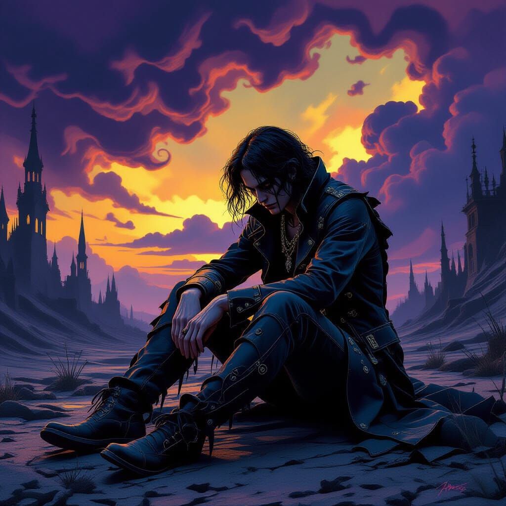 Melancholic Figure in Gothic Landscape