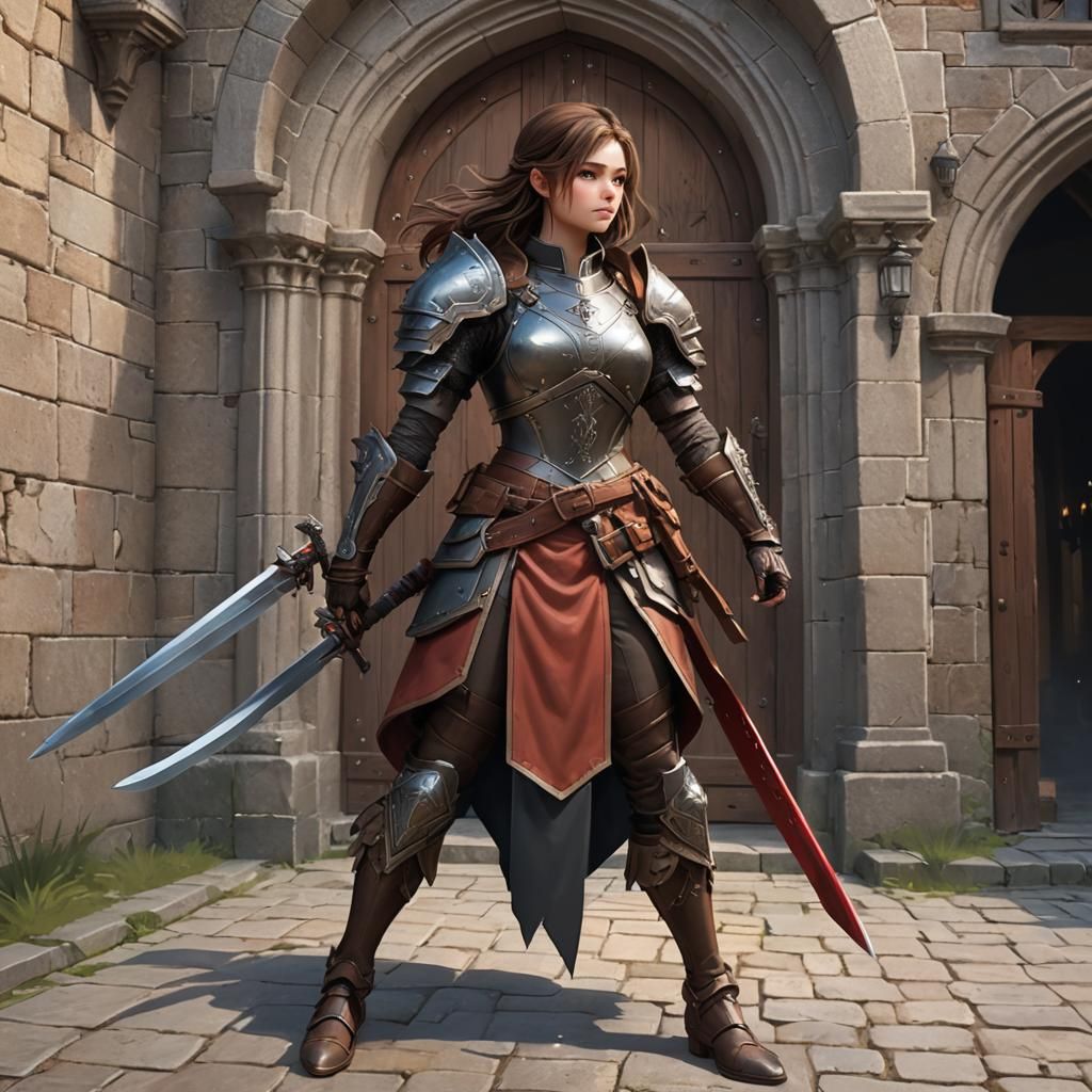 Elegant Kemonomimi Maiden Stands Guard in Castle Doorway